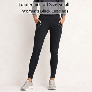 Lululemon Black High Rise Quilted Knee Leggings Zipper Pockets Tall Size Small